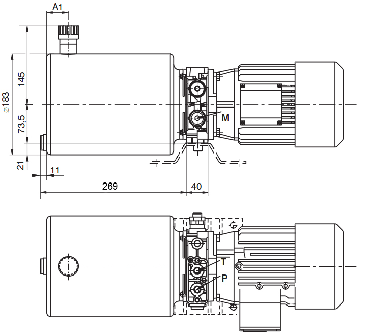 Dimensions ARGO HYTOS Groupe hydraulique compact de 1,1 kW, réservoir rond de 6 l (acier), pompe à engrenages de 3,3 cm3/tr, pour utilisation à double effet