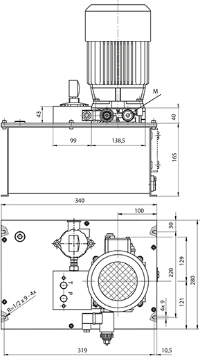 Dimension ARGO HYTOS Hydraulic Power Pack, 3 kW, 8 liter oil reservoir square (steel), 4.8 ccm/REV gear pump, for double acting use