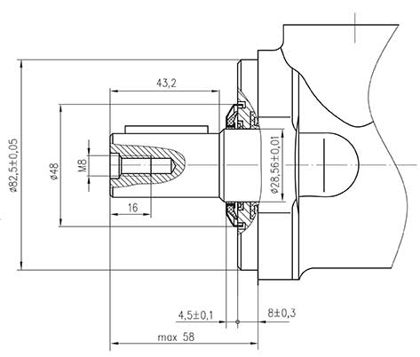 Abmessung Hydraulikmotor M+S MR160 mit Wickelschutz für Kehrbesenantrieb, Vielkeilwelle