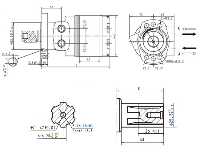 Dimensiones del motor hidráulico CMERF6B160S, similar a la serie White RE