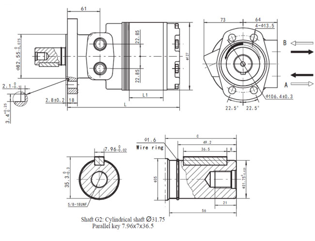 Dimensiones del motor hidráulico CMERF4U160CO, similar a la serie White RE