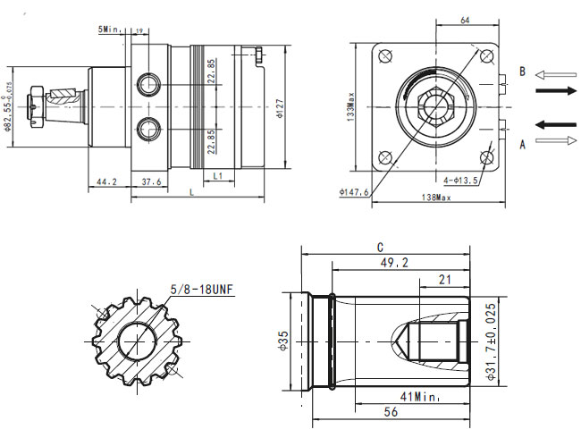 Dimensiones del motor hidráulico CMERWB750SH, similar a la serie White RE