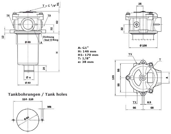 Dimensions Filtre de retour, filtre hydraulique,montage en ligne, Qmax. 138l/min, 25 µm abs, type MPS-100