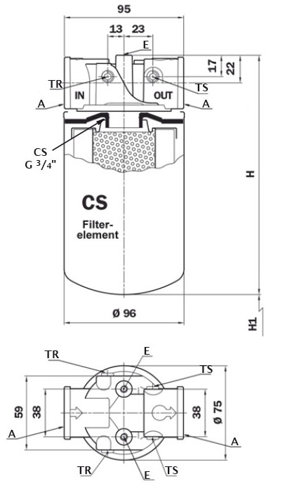 Dimension Suction filter, in line mounting, Qmax. 35 lpm, 25 µm abs., Type MPS-150