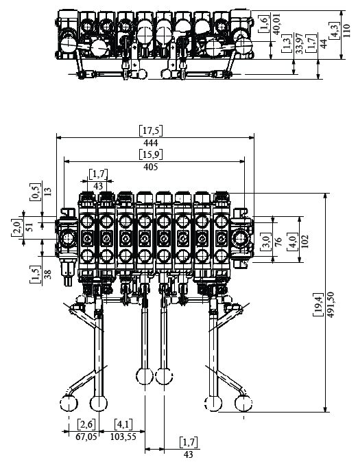 Dimensions Vanne sectionnelle 80 l/min, 8 sections