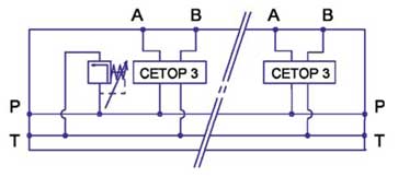 Diagrama de conexión Placa base 3 vías NG06 (CETOP 3), Acero, DBV