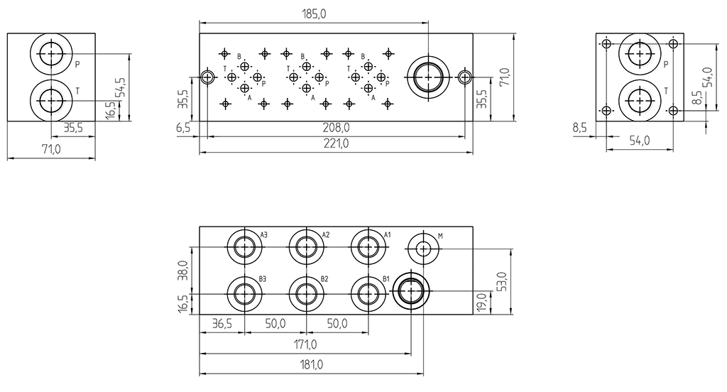 Abmessung Grundplatte 3-fach NG06 (CETOP 3), Aluminium, mit DBV