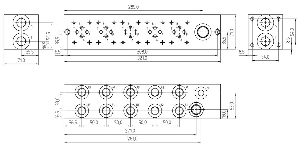 Abmessung Grundplatte 5-fach NG06 (CETOP 3), Aluminium, mit DBV