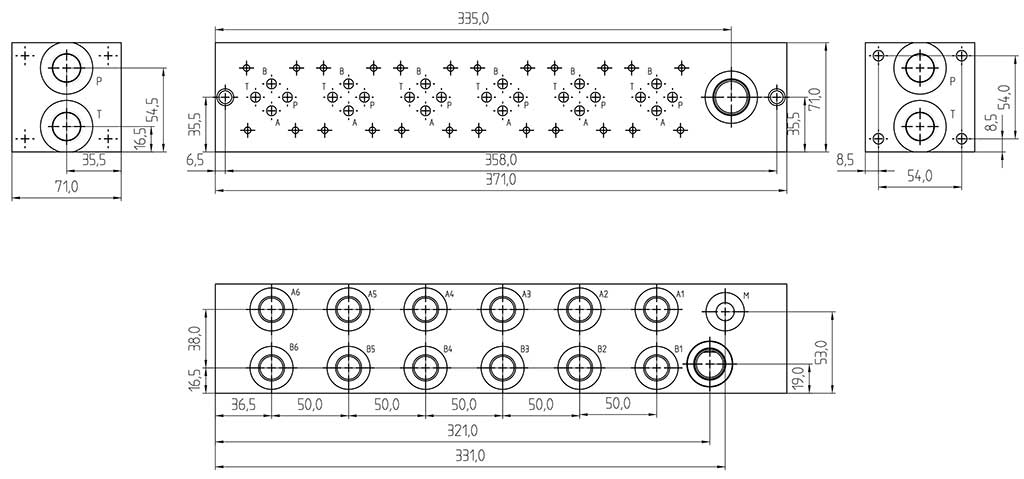 Abmessung Grundplatte 6-fach NG06 (CETOP 3), Aluminium, mit DBV