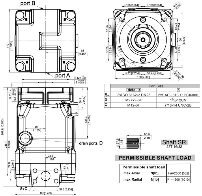 Dimensiones Motor hidráulico, motor de pistones axiales, eje dentado ø37,6, SAE 23T 16/32 DP, 350 bar, 63 - 100 cm3/U, tipo MAP4C_SR