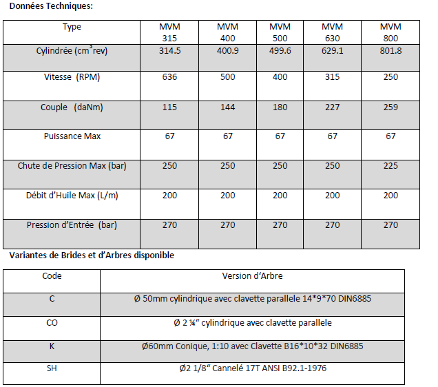 Données Techniques Moteur Hydraulique, M+S, MVM500C2