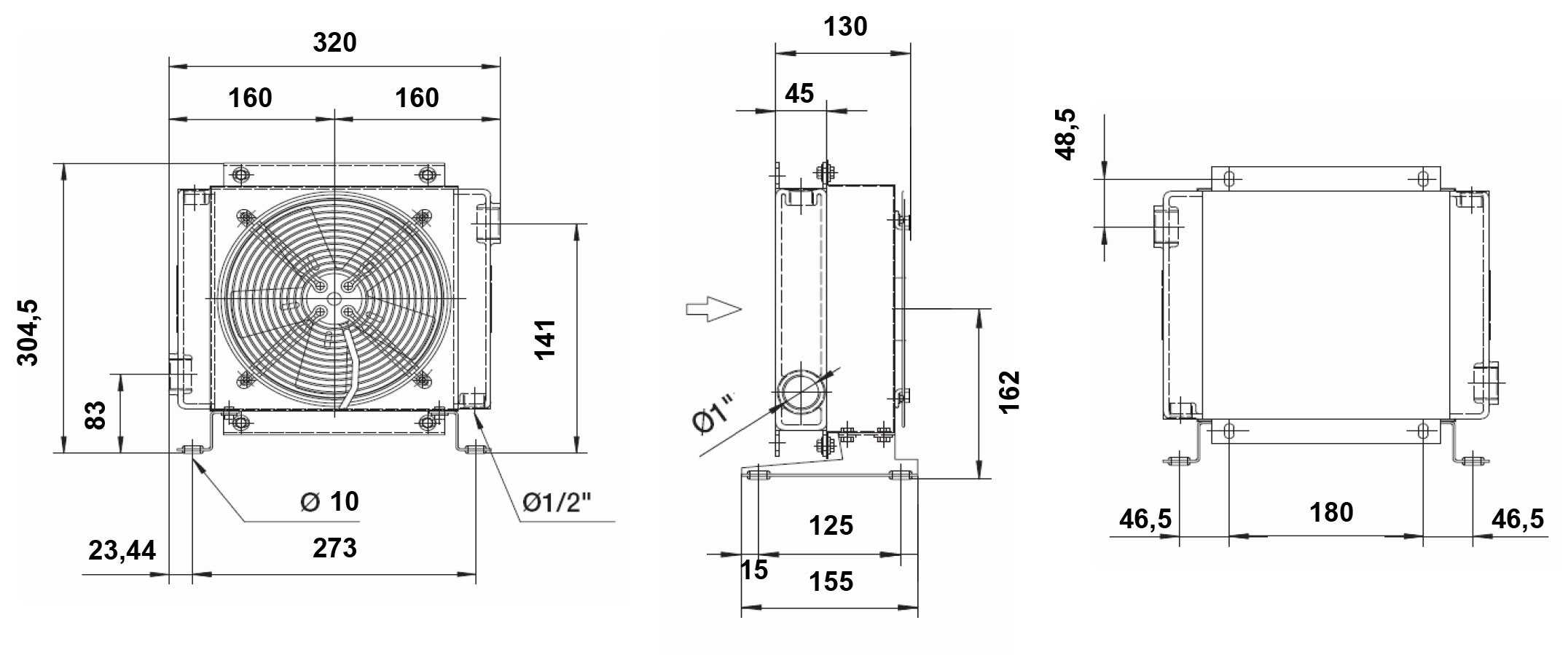 Dimensions Refroidisseur d'huile hydraulique, refroidisseur huile-air, 24 Volt, Type 4015