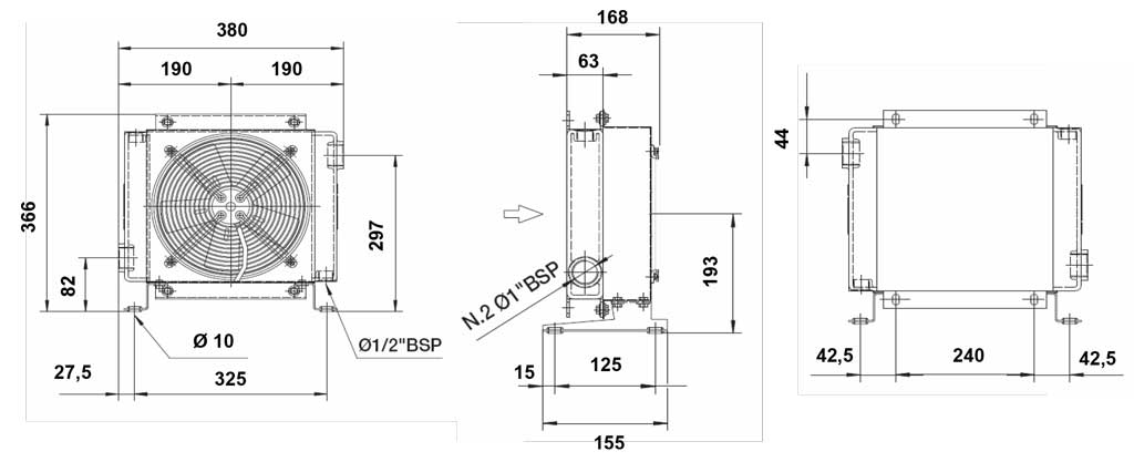 Dimensions Refroidisseur d'huile hydraulique, refroidisseur huile-air, 220 Volt, type 4024