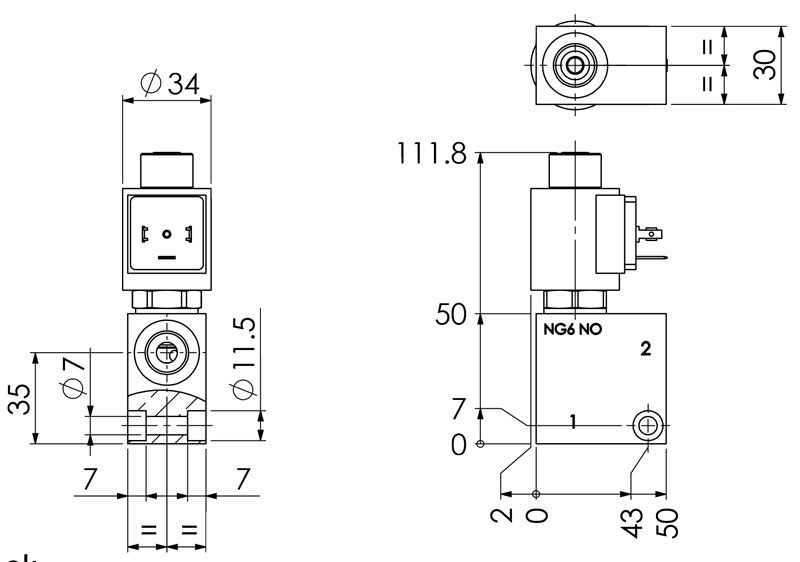 Dimensiones Válvula solenoide, Válvula de asiento 2/2 vías, Válvula hidráulica