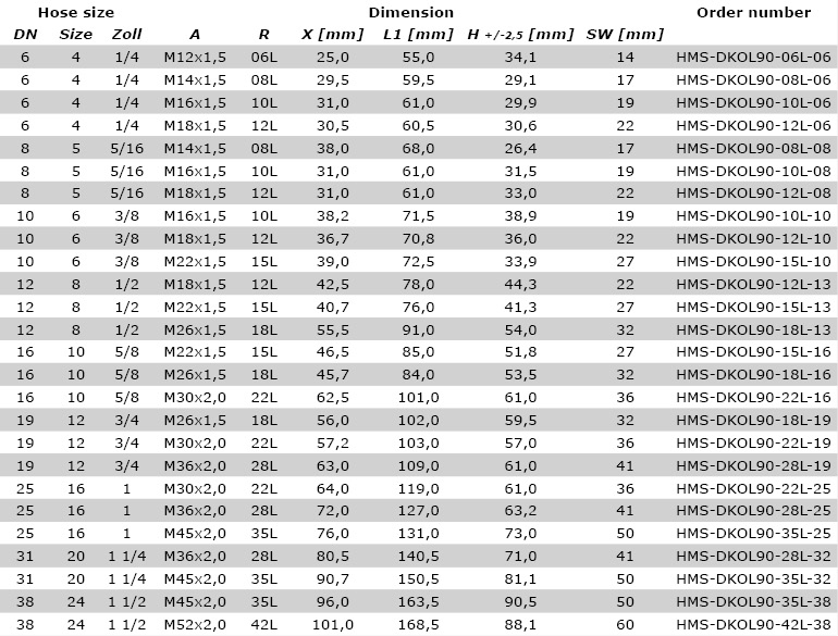 Hose size DKOL90°