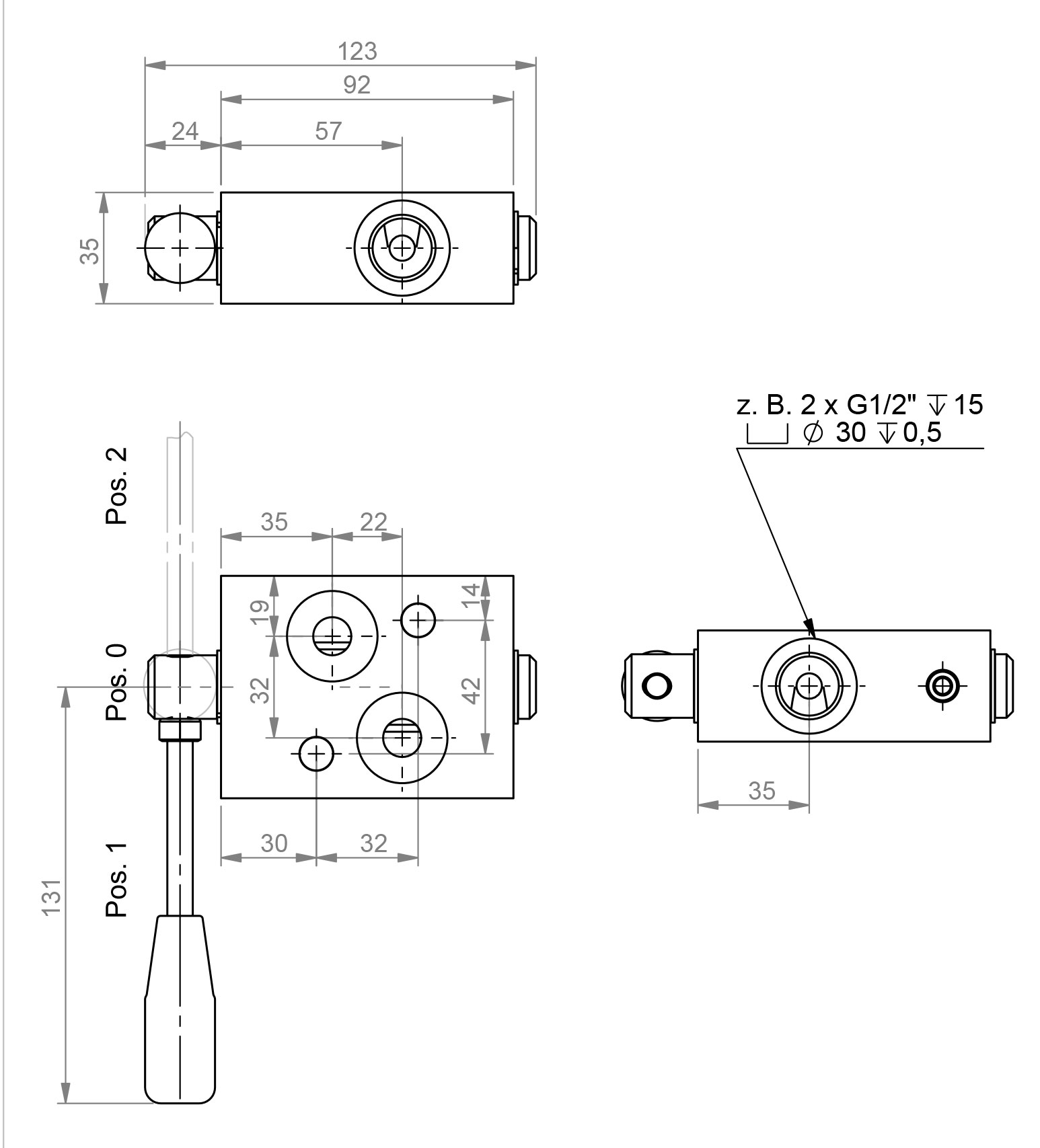 Dimensiones Válvula hidráulica, válvula de corte con válvula reguladora de caudal para motor hidráulico CPMS