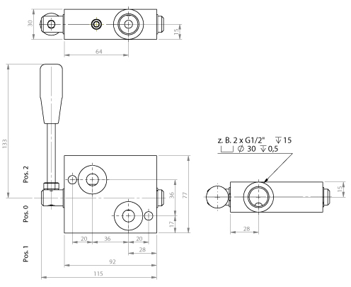 Dimensiones Válvula hidráulica, válvula de corte con válvula reguladora de caudal para motor hidráulico CPM y CPRM