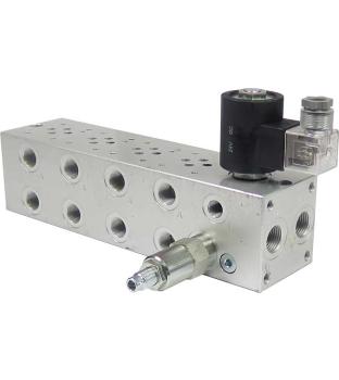 Manifold 4-stage CETOP 3, Aluminium, with Pressure Relief Valve and 2/2 way valve