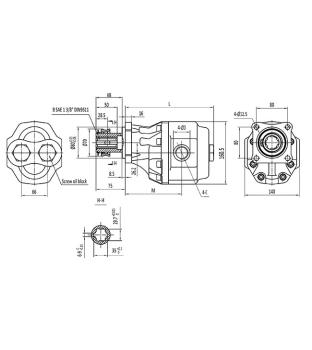 Bomba hidráulica, bomba de engranajes, bomba de fundición, 120 cc/rev, eje hueco TDF con anillo de presión, brida de 4 orificios, G1 1/4", reversible