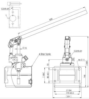 Handpumpe Hydraulik, einfach wirkend, 17cm3, Hydrauliktank 4 Liter, Hebel