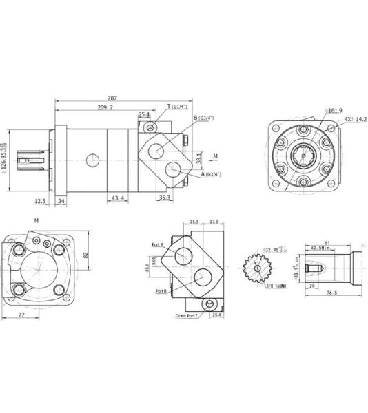 Motor hidráulico CPMTK400CC-FE-SF8, 400 cm³/rev, eje estriado de 17 dientes, brida cuadrada de 4 orificios de 146x146 mm