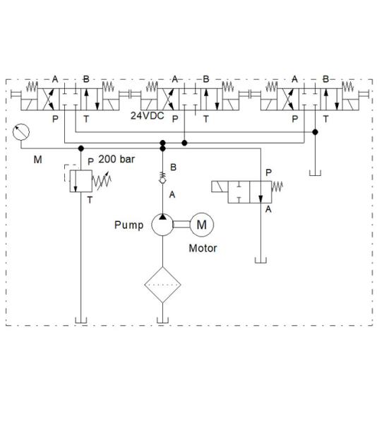 HYDRONIT Mini centrale hydraulique, moteur DC, avec 3 vannes 4/3 voies pour 3 consommateurs en double action