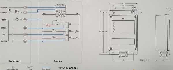 Dessin technique Télécommande radio Hydromot (2 fonctions) pour groupes hydrauliques, 24V