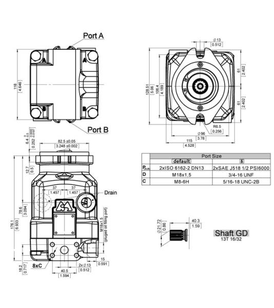 Motor hidráulico, motor de pistones axiales, eje estriado 13T, 16/32 DP, 350 bar, tipo MAPA22GD