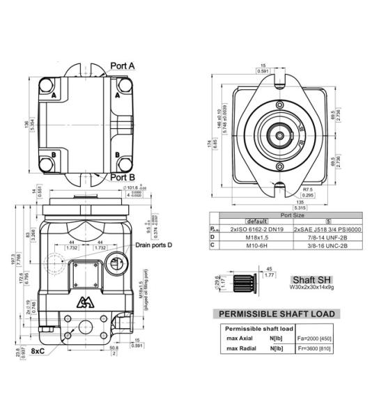 Moteur hydraulique, moteur à piston axial, arbre Cannelé W30 x 2 x 30, 350 bar, type MAPB35SH